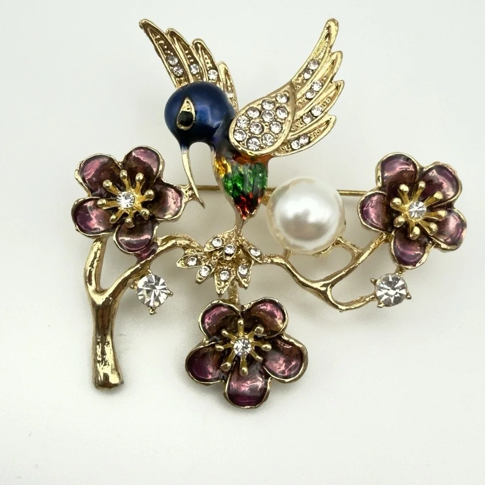 Hummingbird & Peacock Brooch Set Gold Tone Rhinestone Enamel Bird Pins